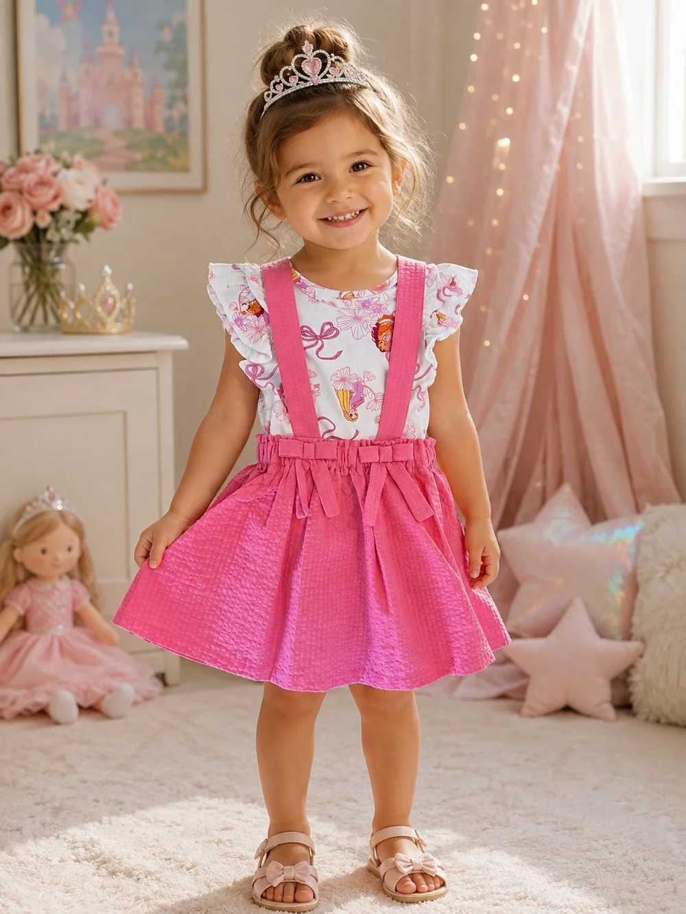 Disney Pink Textured Suspender Skirt Set